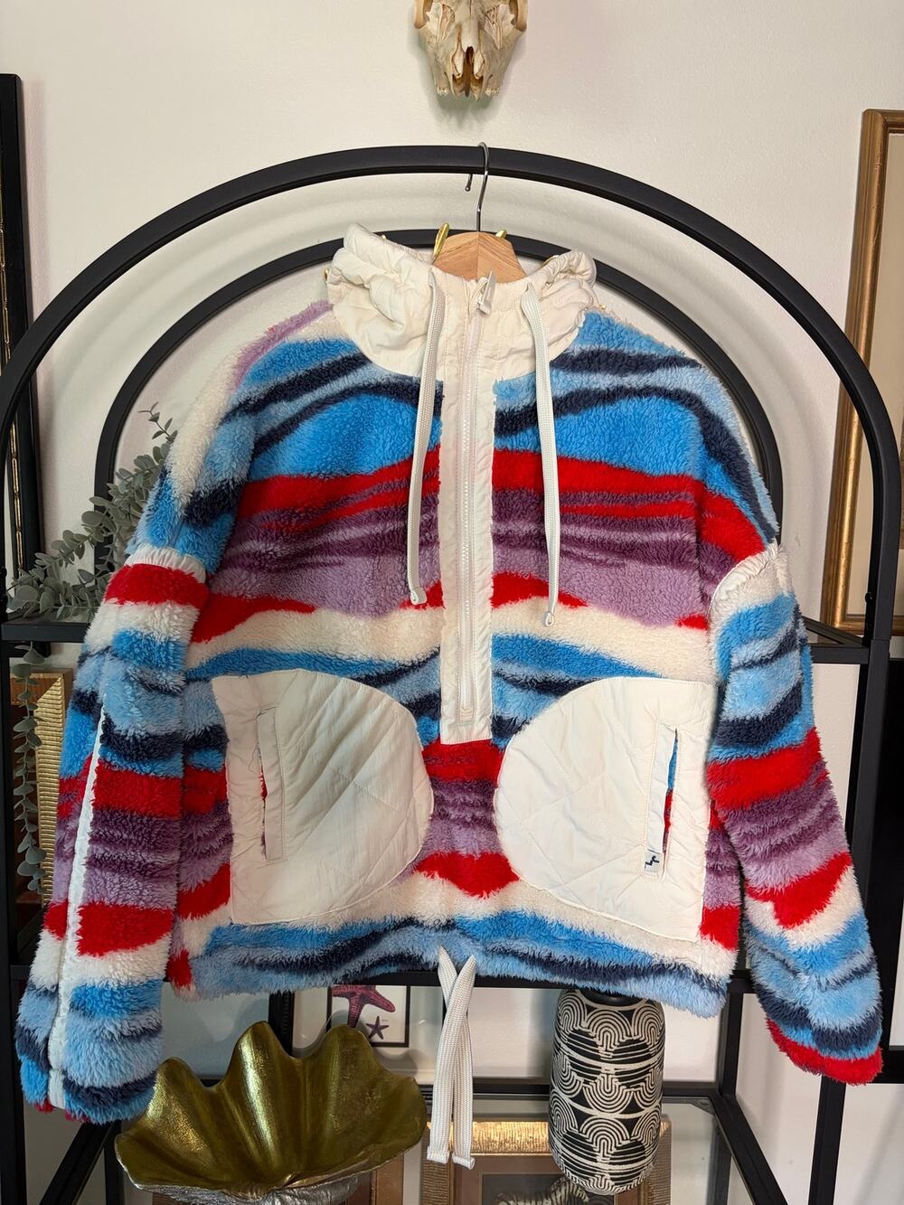JoyLab Women Small Striped Sherpa Fleece Hooded Half Zip Quilted Pockets
